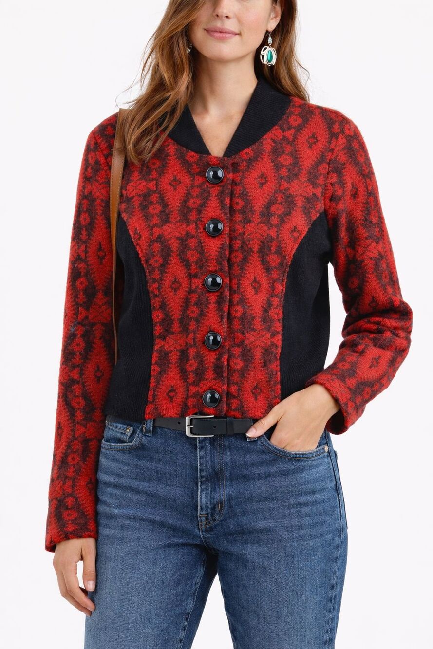 Pendleton Southwestern Print Wool Button-Up Sweater Jacket Red Black Size MP